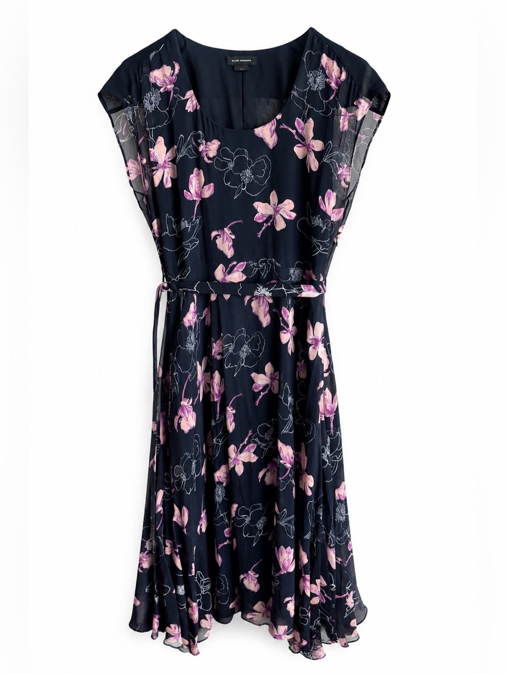 Club Monaco Navy Blue & Purple Floral Silk Midi Dress with Belt Size 8